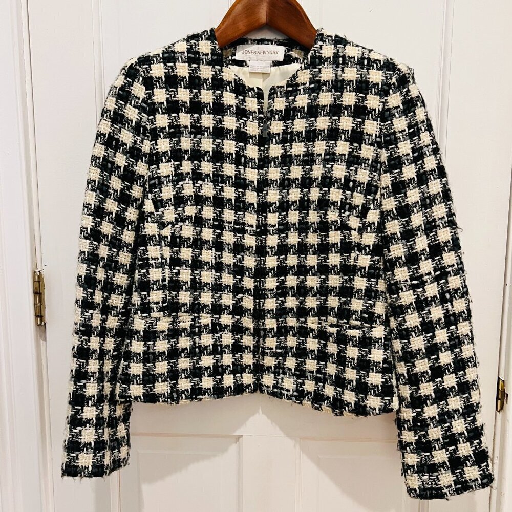 Vintage Jones New York La Petite Veste Noire Tweed Short Blazer Jacket Size 8